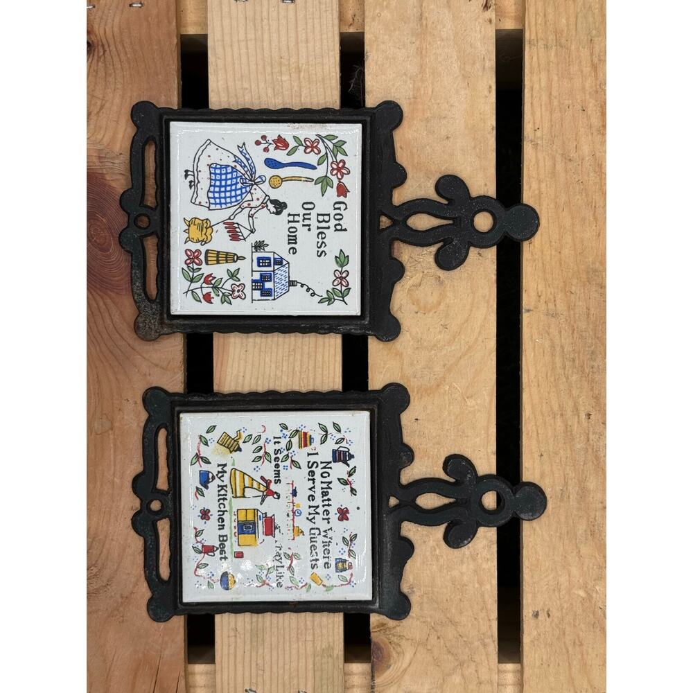 Pair of Vintage Small Cast Iron andTile Wall Trivet Plaques–Made Japan